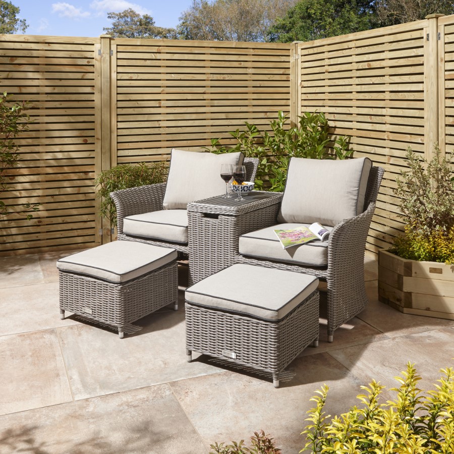 Grey Rattan Garden Love Seats with Storage Footstools-Prestbury