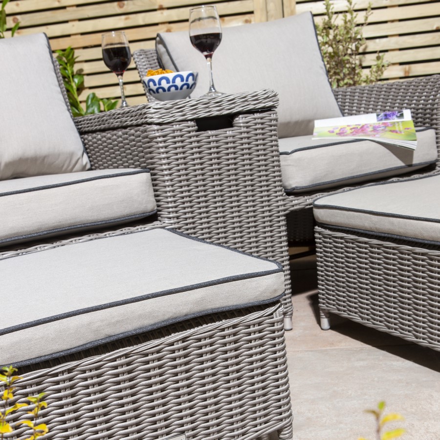 Grey Rattan Garden Love Seats with Storage Footstools-Prestbury