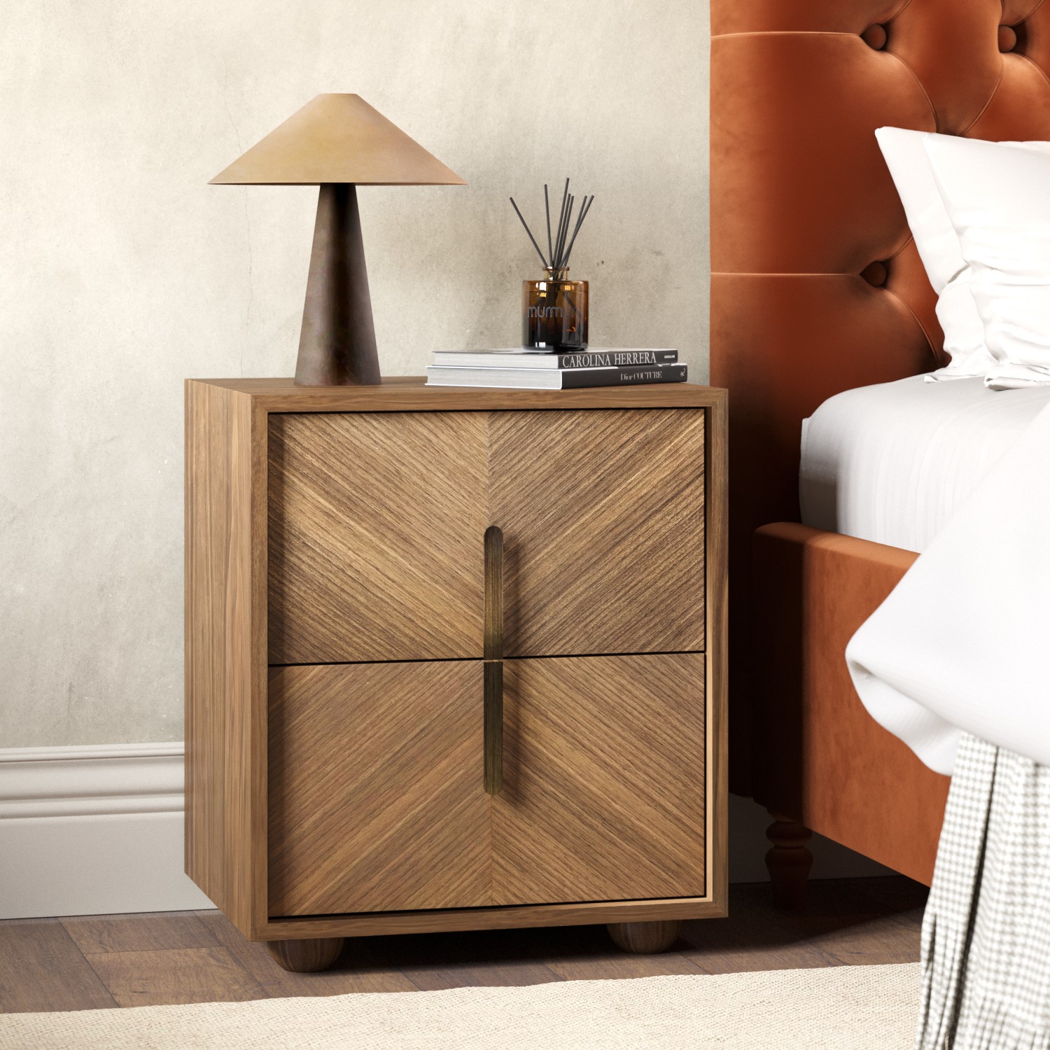 Nikita Brown Walnut Mid-Century 2-Drawer Bedside Table With Parquet Finish