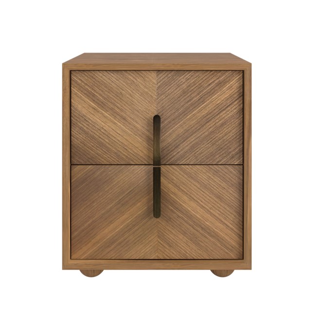 Wide Walnut Mid-Century 2-Drawer Bedside Table with Parquet Finish - Nikita