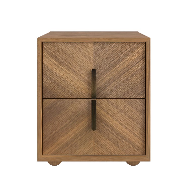 ONLY OPENED - Wide Walnut Mid-Century 2-Drawer Bedside Table with Parquet Finish - Nikita