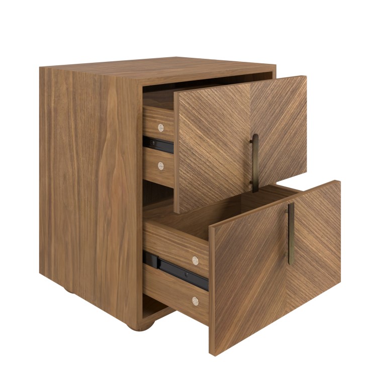 ONLY OPENED - Wide Walnut Mid-Century 2-Drawer Bedside Table with Parquet Finish - Nikita