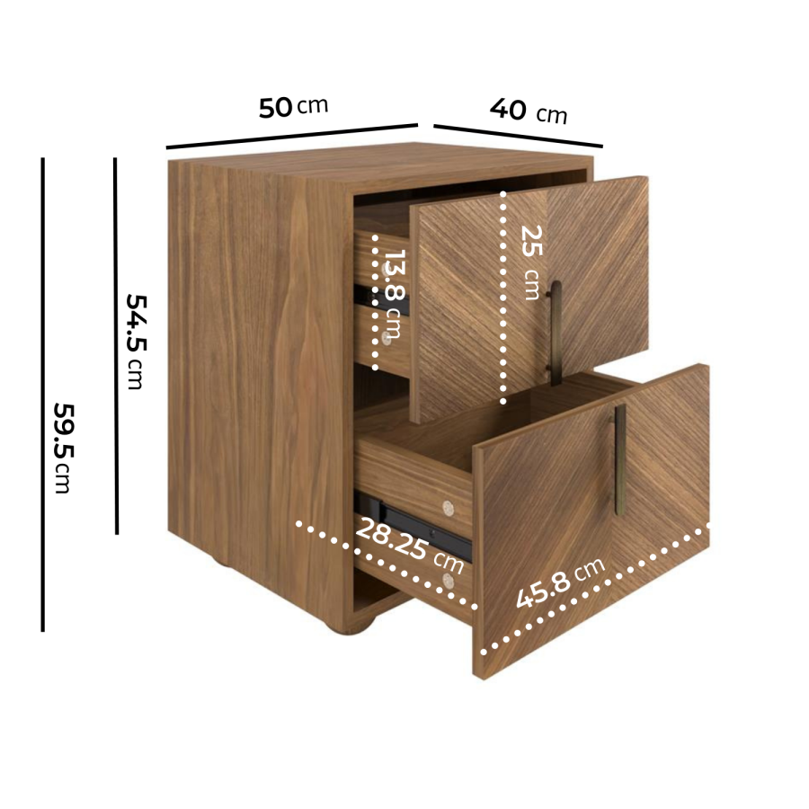 Wide Walnut Mid-Century 2-Drawer Bedside Table with Parquet Finish - Nikita
