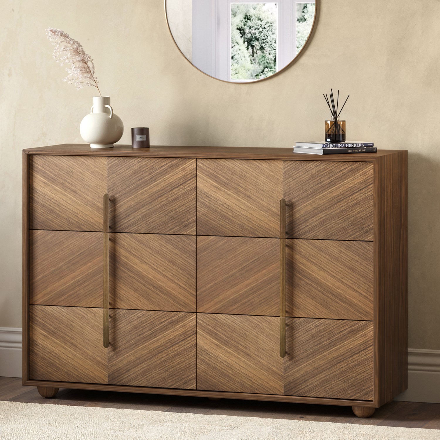 Nikita Brown Wide Walnut Mid-Century Chest Of 6 Drawers With Parquet Finish
