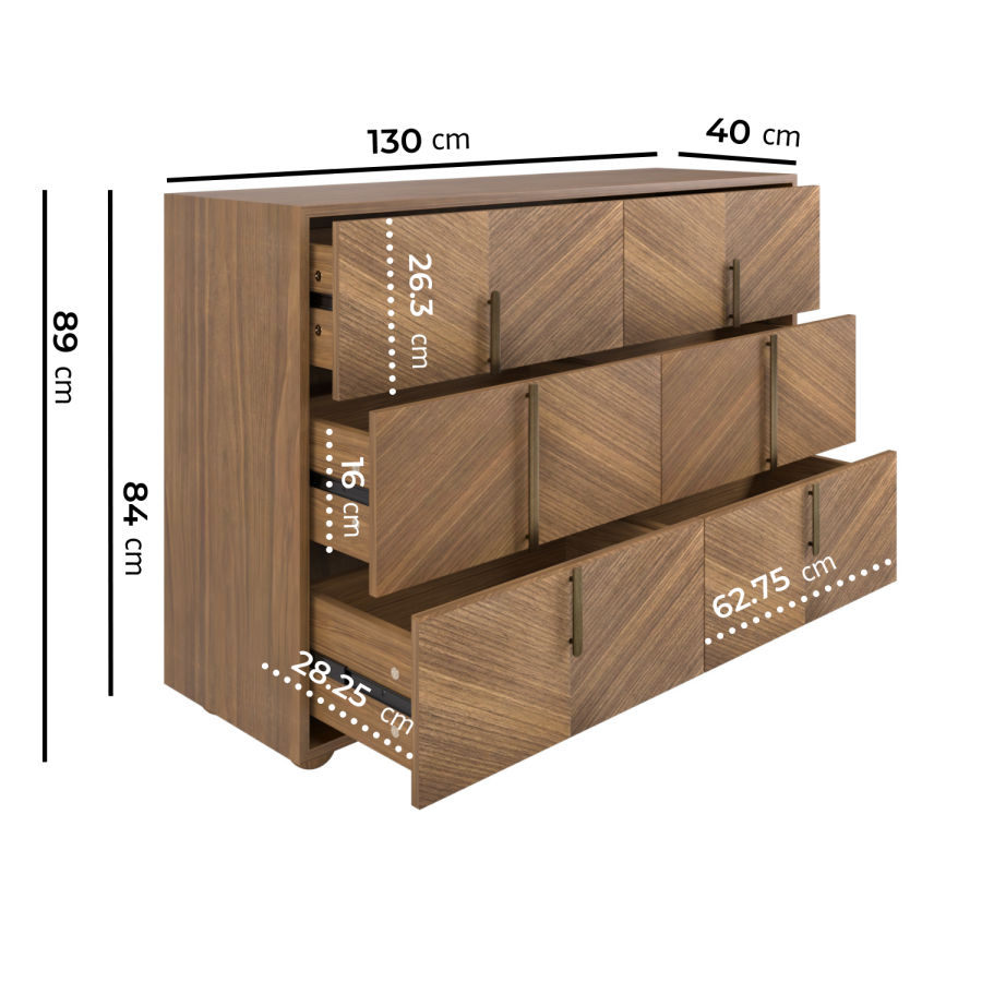 Wide Walnut Mid-Century Chest of 6 Drawers with Parquet Finish – Nikita