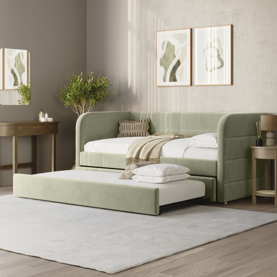 Sage Velvet Ribbed Day Bed with Trundle - Newton