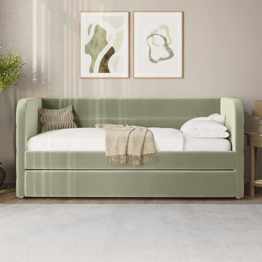 Sage Velvet Ribbed Day Bed with Trundle - Newton