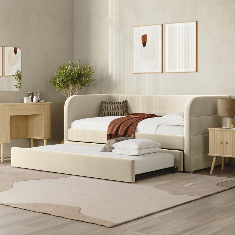 Beige Velvet Ribbed Day Bed with Trundle - Newton