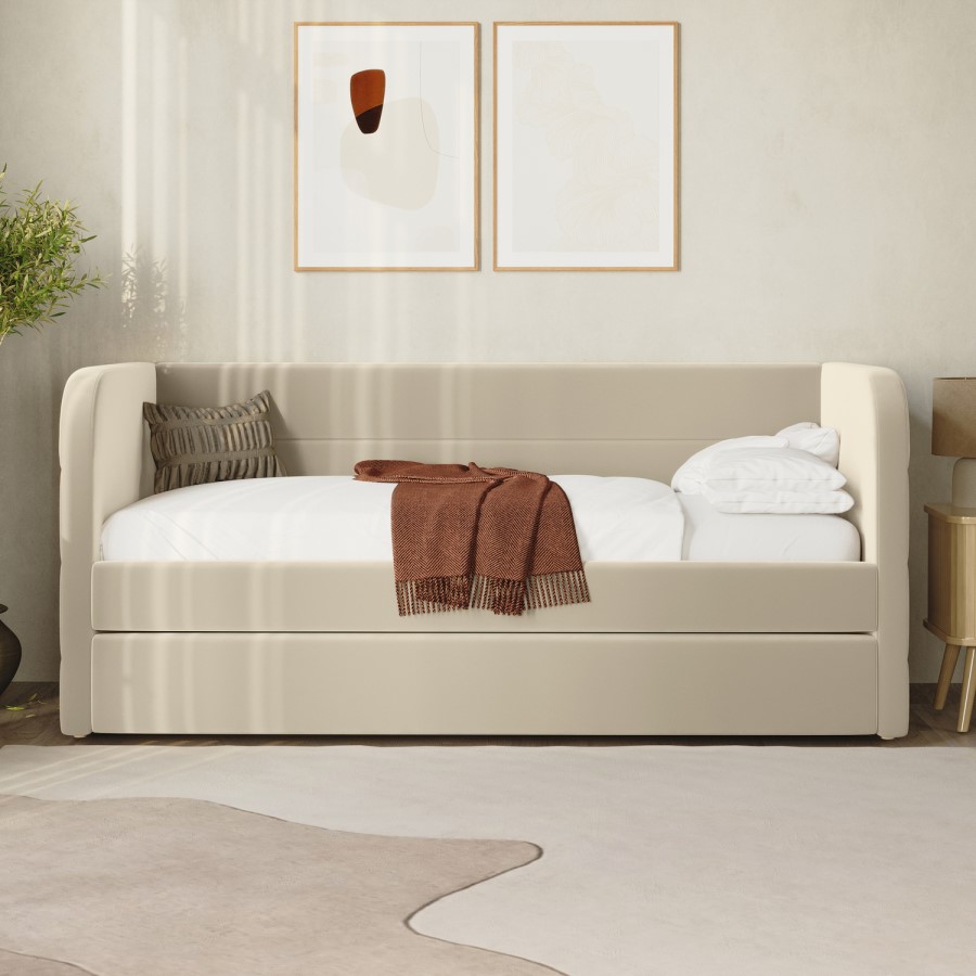 Beige Velvet Ribbed Day Bed with Trundle - Newton