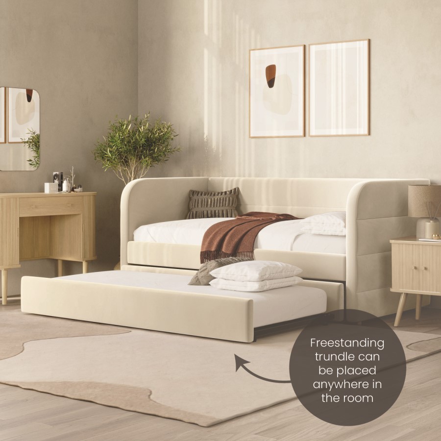 GRADE A1 - Velvet Single Day Bed with Trundle in Beige - Newton