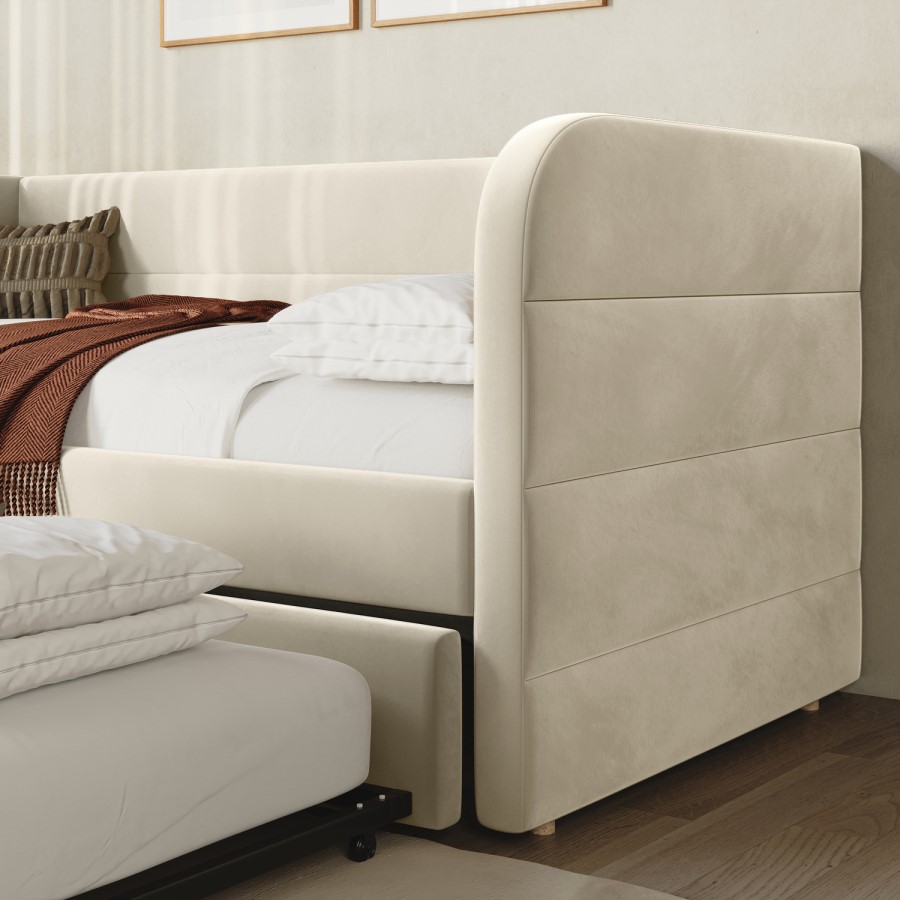 Beige Velvet Ribbed Day Bed with Trundle - Newton