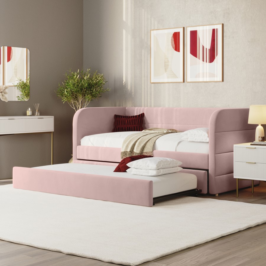 Pink Velvet Ribbed Day Bed with Trundle - Newton