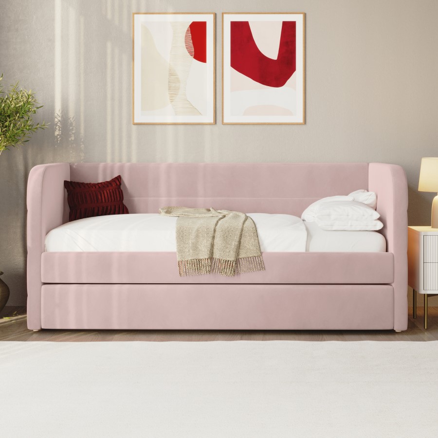 Pink Velvet Ribbed Day Bed with Trundle - Newton