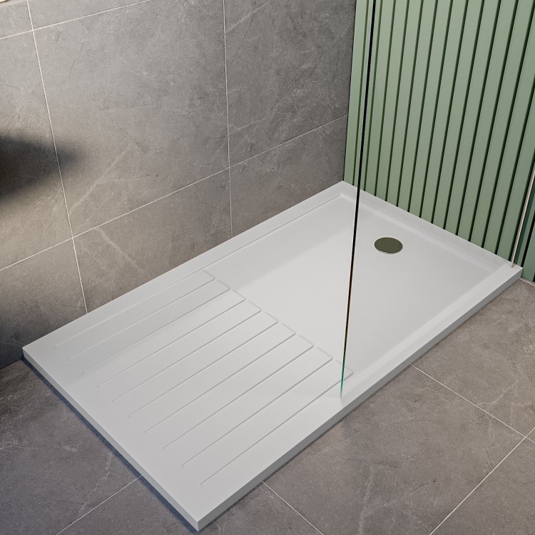 1400x800mm Walk-In Rectangular Shower Tray with Drying Area - White Stone Resin - Purity