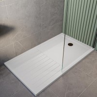 1400x900mm White Stone Resin Rectangular Walk In Shower Tray with Drying Area - Purity