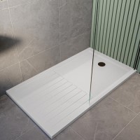 1600x800mm White Stone Resin Rectangular Walk In Shower Tray with Drying Area - Purity