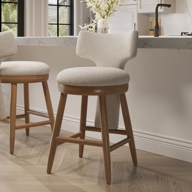 Beige Boucle and Solid Oak Kitchen Stool with Back - Nyla