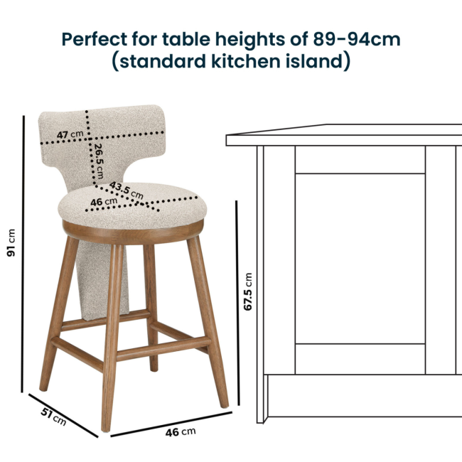 Beige Boucle and Solid Oak Kitchen Stool with Back - Nyla