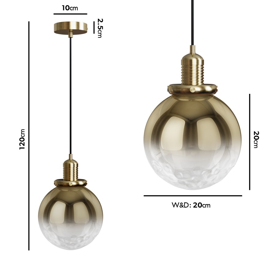 Gold Smoked Glass Globe Pendant Light with Dimpled Effect - Salerno