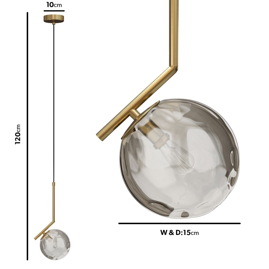 ONLY OPENED - Dimpled Smoked Glass Pendant Ceiling Light with Gold Finish - Salerno