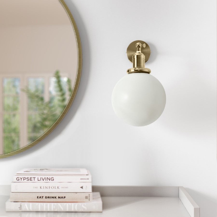 GRADE A1 - Opal Smooth Glass Globe Wall Light with Brass Finish - Salerno