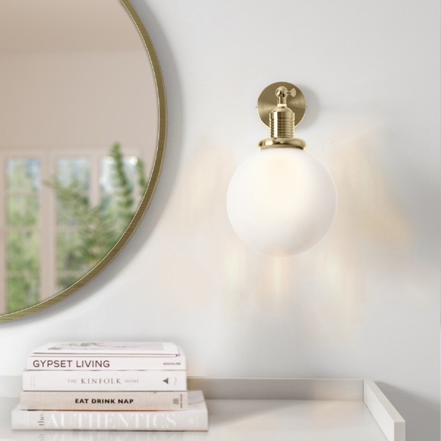 GRADE A1 - Opal Smooth Glass Globe Wall Light with Brass Finish - Salerno