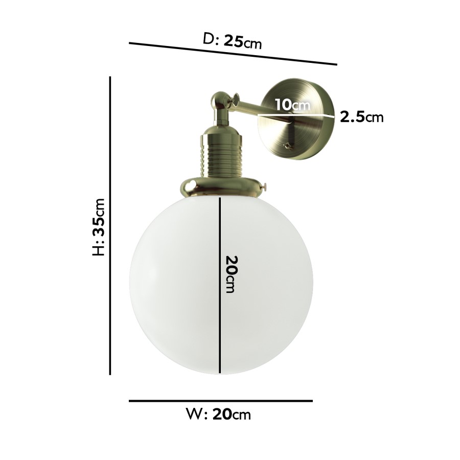 GRADE A1 - Opal Smooth Glass Globe Wall Light with Brass Finish - Salerno