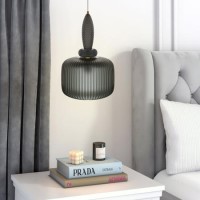 GRADE A1 - Box Opened Biella Dark Grey Ribbed Smoked Glass Pendant Ceiling Light