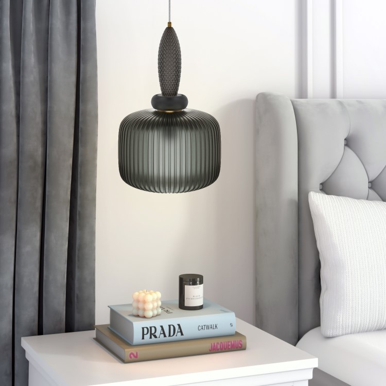 ONLY OPENED - Biella Dark Grey Ribbed Smoked Glass Pendant Ceiling Light