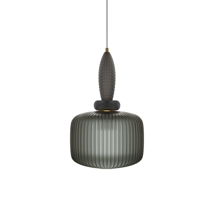 Dark Grey Ribbed Smoked Glass Pendant Ceiling Light - Biella