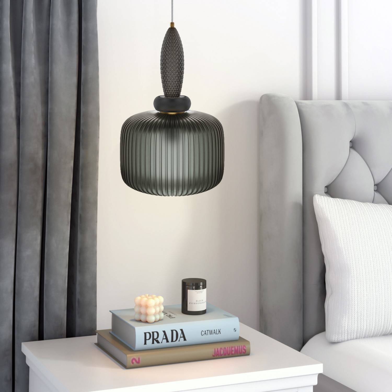 Dark Grey Ribbed Smoked Glass Pendant Ceiling Light - Biella - Furniture123
