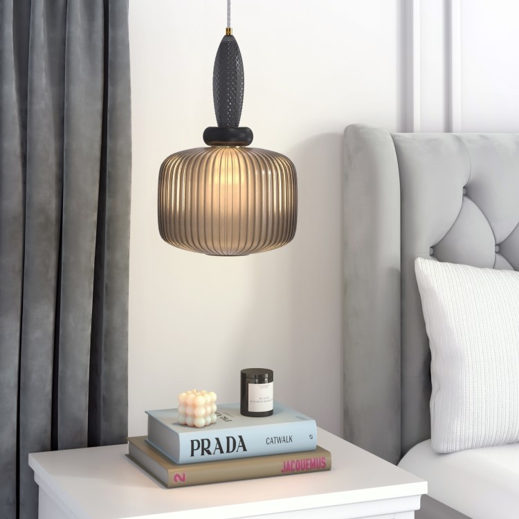 ONLY OPENED - Biella Dark Grey Ribbed Smoked Glass Pendant Ceiling Light