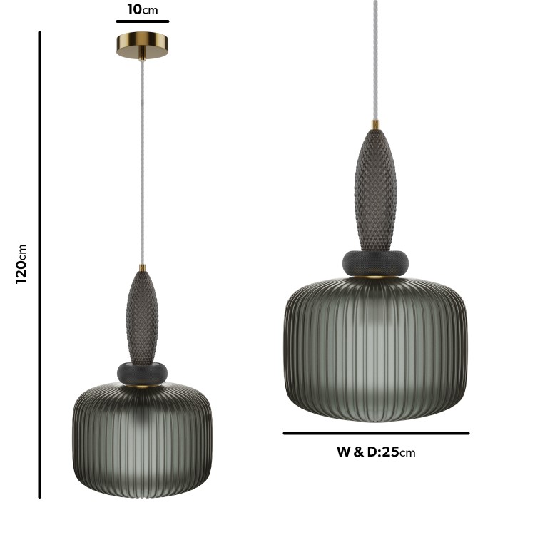 ONLY OPENED - Biella Dark Grey Ribbed Smoked Glass Pendant Ceiling Light