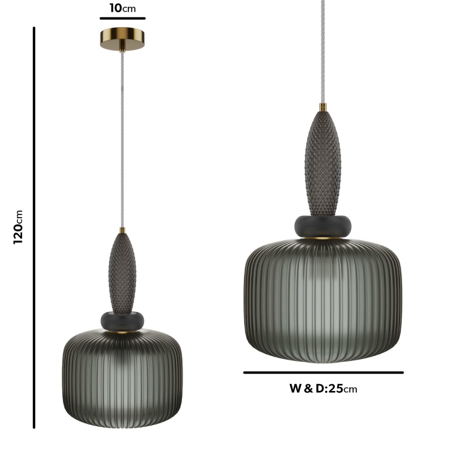 Dark Grey Ribbed Smoked Glass Pendant Ceiling Light - Biella