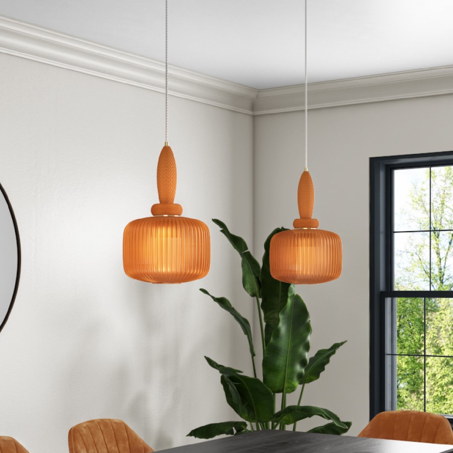 Orange Ribbed Smoked Glass Pendant Ceiling Light - Biella