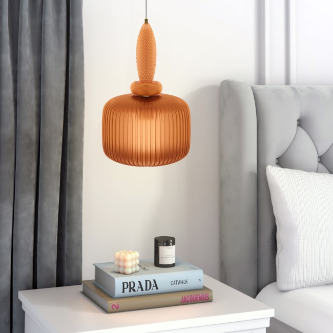 Orange Ribbed Smoked Glass Pendant Ceiling Light - Biella