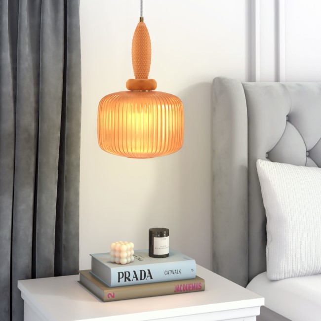 Orange Ribbed Smoked Glass Pendant Ceiling Light - Biella