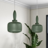 GRADE A1 - Box Opened Biella Green Ribbed Smoked Glass Pendant Ceiling Light 