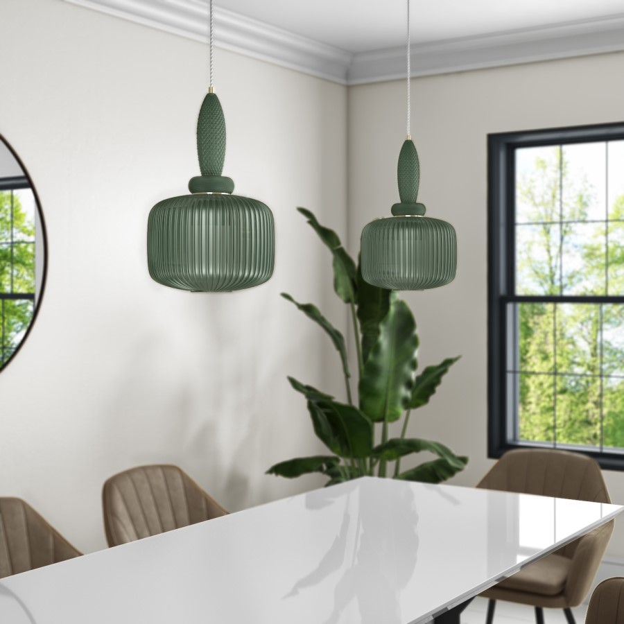 GRADE A1 - Box Opened Biella Green Ribbed Smoked Glass Pendant Ceiling Light 