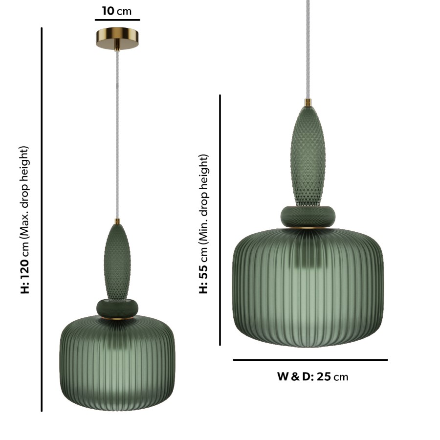 GRADE A1 - Box Opened Biella Green Ribbed Smoked Glass Pendant Ceiling Light 