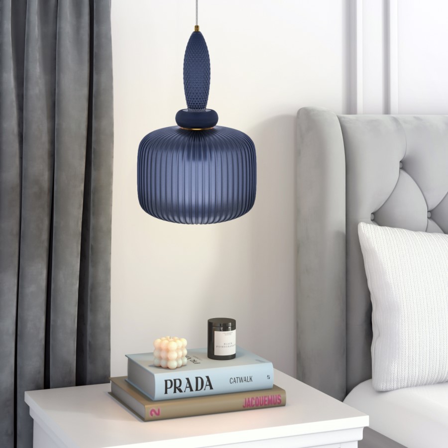 Navy Ribbed Smoked Glass Pendant Ceiling Light - Biella