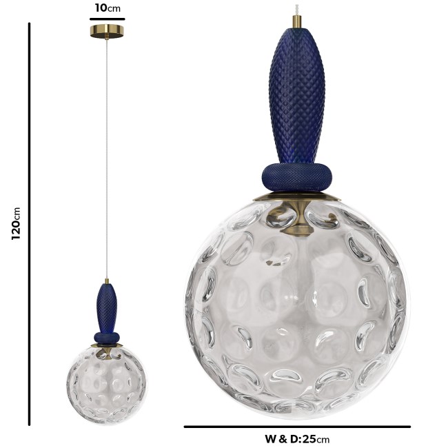 Blue Globe Pendant Ceiling Light with Dimpled Glass Effect - Vercelli