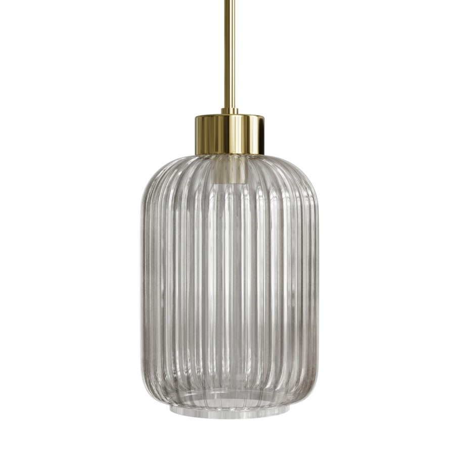 GRADE A2 - Lawrence Smoked Ribbed Glass Gold Pendant Light