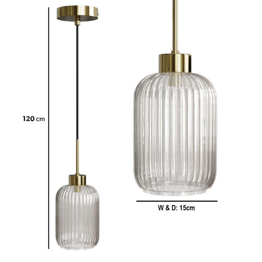 GRADE A2 - Lawrence Smoked Ribbed Glass Gold Pendant Light