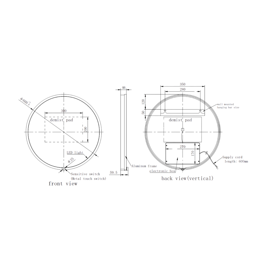 Round Black Heated Bathroom Mirror with Lights 600mm - Nyx