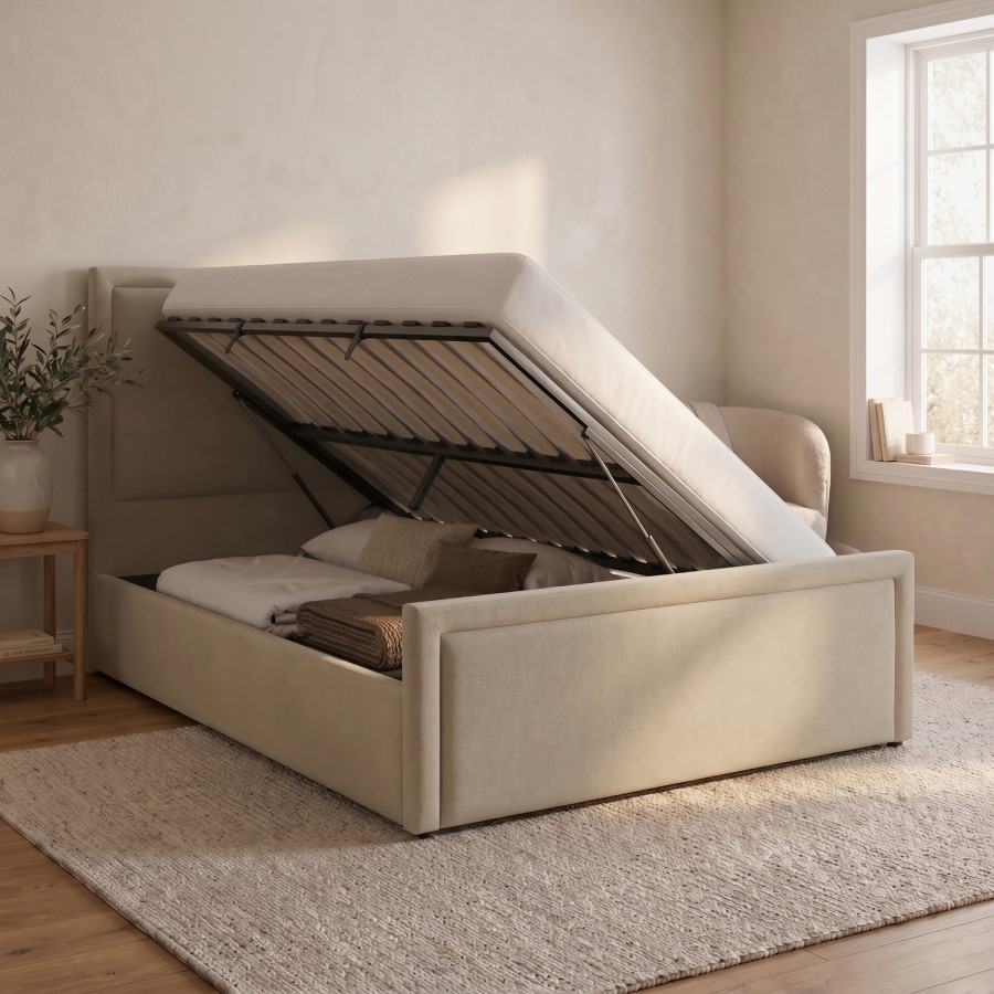 Beige Upholstered King Side Lift Ottoman Bed - Joan