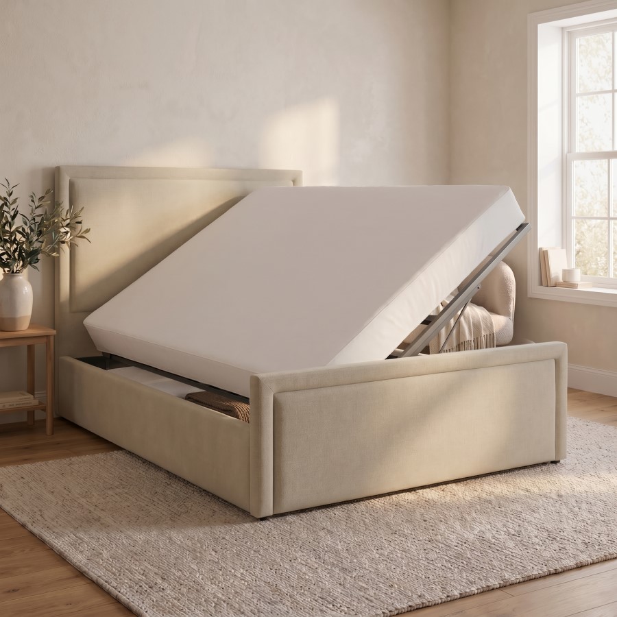 Beige Upholstered King Side Lift Ottoman Bed - Joan
