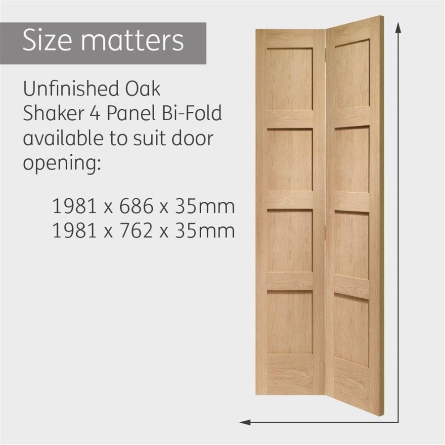 Internal Oak Shaker 4 Panel Bi-Fold Door - Unfinished, 1981 x 762 x 35 mm