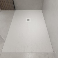 1000x800mm Stone Resin White Slate Effect Low Profile Rectangular Shower Tray with Grate - Sileti
