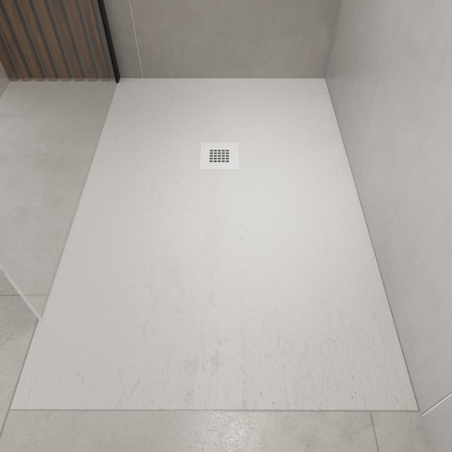 1000x800mm Stone Resin White Slate Effect Rectangular Shower Tray with Grate - Sileti